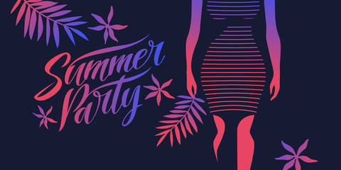 Stylish summer poster with tropical leaves and silhouette of a girl . Lettering Summer party