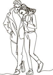 Walking couple. Continuous line drawing