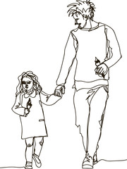 Father and daughter walking. Continuous line drawing