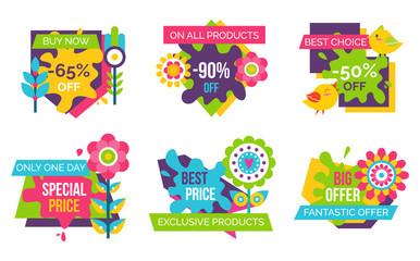 Naklejka premium Set of Colorful Labels Springtime Flowers, Adverts