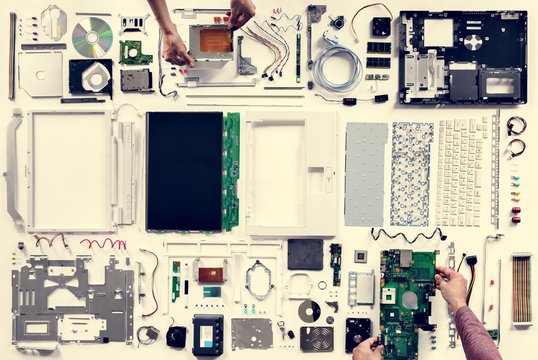 Aerial view of computer parts isolated on white