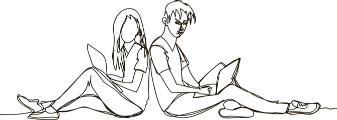 guy and young woman sitting with computer laptop . Continuous line drawing