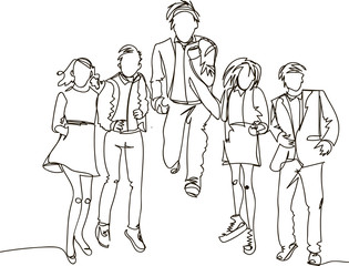 Continuous line drawing of jumping happy team members, friends