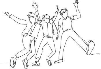 Continuous line drawing of jumping happy team members, friends