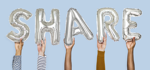 Hands showing share balloons word