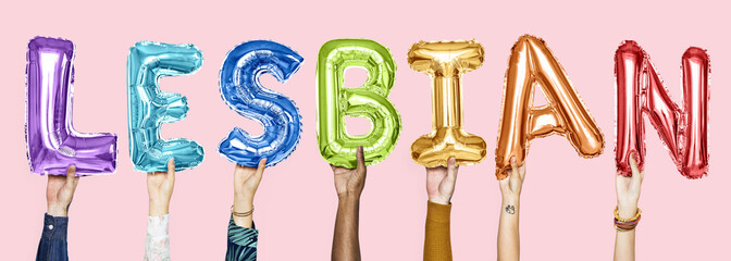 Rainbow alphabet balloons forming the word lesbian