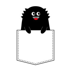 Black monster silhouette in the pocket. Holding hands. Cute cartoon scary funny character. Happy Halloween. Baby collection. T-shirt design. Eyes, fangs. White background. Flat design.