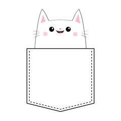 Cat in the pocket. Doodle linear sketch. Pink cheeks. Cute cartoon animals. Kitten kitty character. T-shirt design. Dash line. Pet animal. White and black color. Baby background. Isolated. Flat