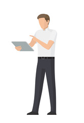 Busy Man Using Tablet PC Colorful Vector Banner