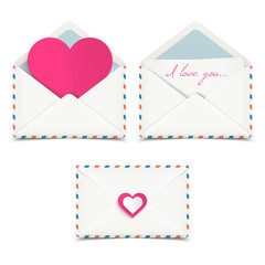 Set of Valentine romantic envelopes, love letters, isolated on white, vector illustration