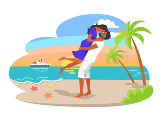 Obraz na płótnie Canvas Couple Cuddling by Seaside Vector Illustration