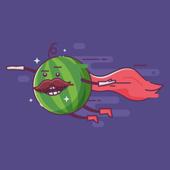 Funny cartoon superhero watermelon character with mustache, humanized fruit sticker or poster. Flying vegetable hero with red cape and boots. Healthy vegan and vegetarian food comic character.