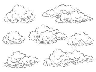 Clouds set graphic black white isolated sketch illustration vector