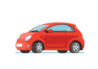 Fototapete Cartoon-Autos Flache Vektorgrafik eines glücklichen Fahrers der jungen Frau, der in seinem roten Auto sitzt. Designkonzept für den Kauf eines neuen Autos