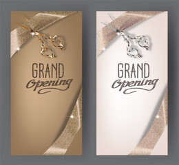 Beige grand opening invitation cards with sparkling ribbons. Vector illustration