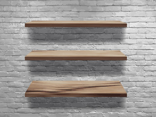 Vector wood shelves on white brick wall, Loft workspace concept