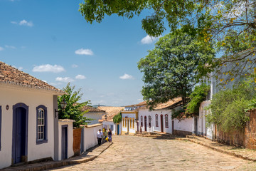 Fototapeta na wymiar Street view of the cobble stoned streets of colonial city Tiradentes in Minas Gerais, Brazil