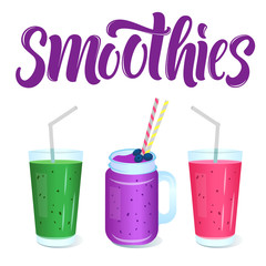 Smoothies menu template with vector glasses and jar of smoothie, and lettering sign.