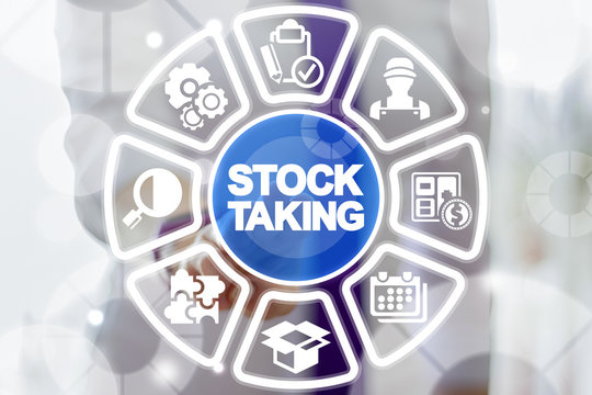 Business woman clicks a stock taking button words surrounded by specific icons. Stocktaking Business Industry concept.