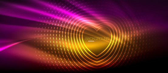 Neon glowing wave, magic energy and light motion background. Wallpaper template, hi-tech future concept