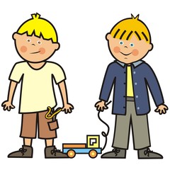 Two boys and toy, car and slingshot, vector illustration
