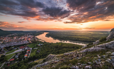 View of Small City of Hainburg an der Donau with Danube River as Seen from Braunsberg Hill at Beautiful Sunset