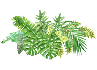 Tropical border with watercolor jungle leaves
