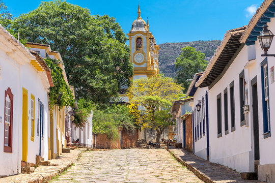 Street view of the Saint Antonio church in Tiradentes, Minas Gerais, Brazil