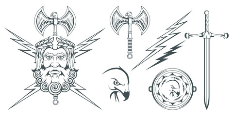 Zeus - the ancient Greek god of heaven, thunder and lightning. Greek mythology. Two-sided ax labrys and eagle. Olympian gods collection. Hand drawn Man Head. Bearded man. Vector graphics to design