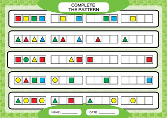 Complete simple repeating patterns. Worksheet for preschool kids. Practicing motor skills, improving skills tasks. Complete the pattern with geometrical 4 shapes. Draw and color, Green background.