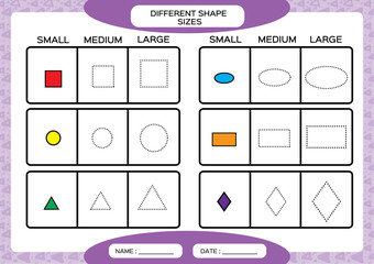 Different shape sizes. Small, medium, large. Learning Basic Shapes. Color, Trace, and Draw. Worksheet for preschool kids. Practicing motor skills. Square circle oval triangle Purple