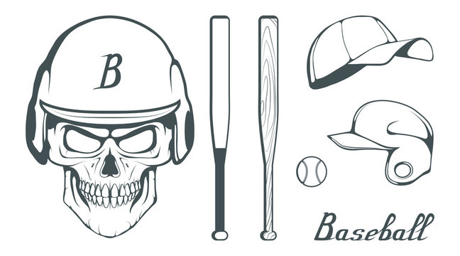 Set of baseball player design elements. Hand drawn Baseball ball. Cartoon baseball helmet. Hand drawn Man Head. Baseball bat. Vector graphics to design