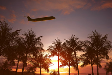 Plane flying above tropical island