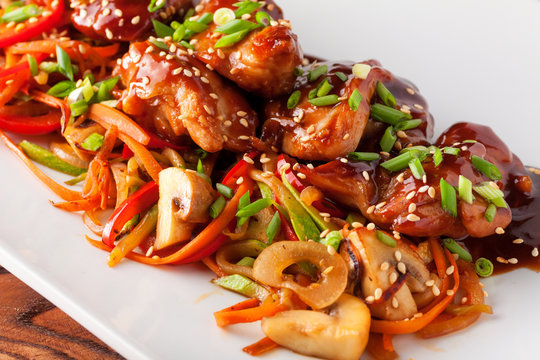 Teriyaki chicken grill with sliced vegetables