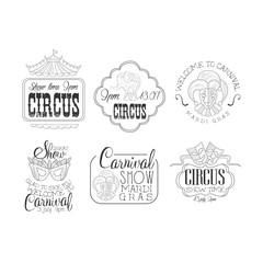 Vector set of hand drawn signs for circus and Mardi Gras carnival. Sketch style emblems with masks, elephant, jesters and top of tent