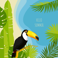 Tropical leaves summer design template. Toucan vector illustration