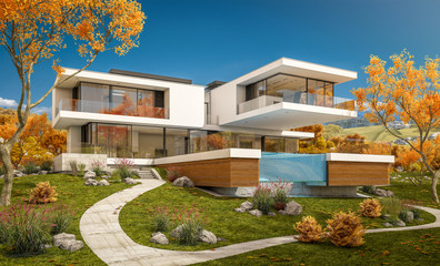 Fototapeta na wymiar 3d rendering of modern cozy house by the river with garage for sale or rent with beautiful mountains on background. Clear sunny autumn day with cloudless sky.