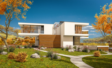 3d rendering of modern cozy house by the river with garage for sale or rent with beautiful mountains on background. Clear sunny autumn day with cloudless sky.