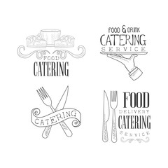 Obraz premium Vector set of sketch style emblems for catering services. Hand drawn logos with coffee cup and cakes, hand with serving tray and cutlery