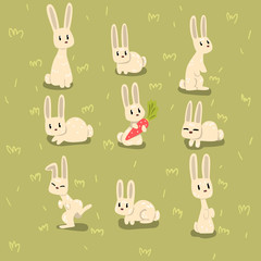 Naklejka premium Flat vector set of small bunny in different poses on green grass. Funny animal with long ears. Elements for children book, postcard or print