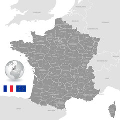 Naklejka premium Grey Vector Political Map of France