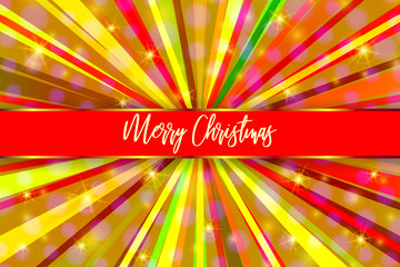 Merry Christmas illustration with bokeh lights, colorful rays, calligraphic text.
