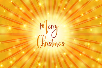 Merry Christmas illustration with bokeh lights, rays, calligraphic text in golden color.