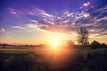 Rural evening landscape. Sunset with beautiful sky over the meadow