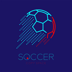 Soccer ball shooting logo icon outline stroke set dash line design illustration isolated on dark blue background with soccer text and copy space - 213757500