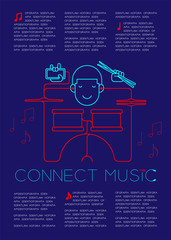Naklejka premium Man with earphone and smartphone, Drum kit shape made from cable, Connect music concept magazine page layout design illustration isolated on dark blue background, with copy space