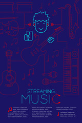 Man with earphone wireless connect smartphone, Streaming music concept magazine page layout design illustration isolated on dark blue background, with copy space