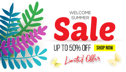 Summer Sale business offer vector banner design with leaves, plants. Negative space trend. Summer placard poster flyer invitation card. Paper art cut out style. Bright colors.