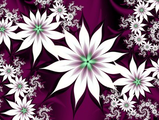 Digital fractal design.Beautiful flower card.White flowers with green middle on a Burgundy abstract background.