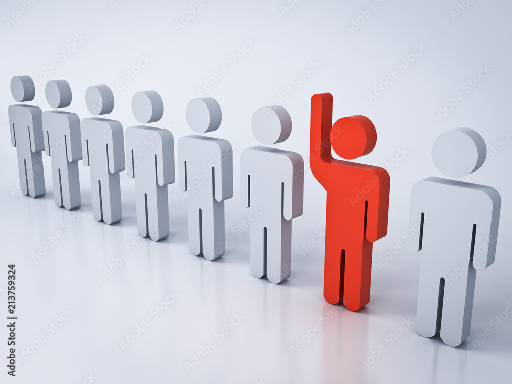 Poster stand out from the crowd and different creative idea concepts one red man raising his hand among oth